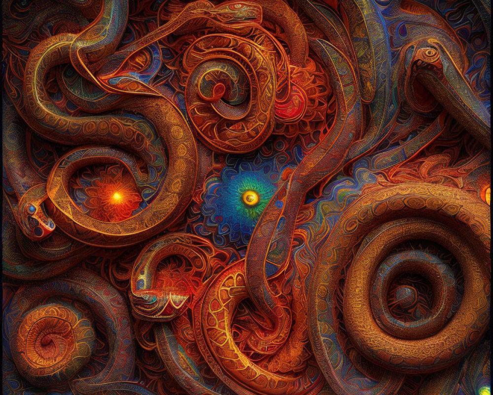 Abstract digital artwork with swirling patterns and glowing orbs in warm colors