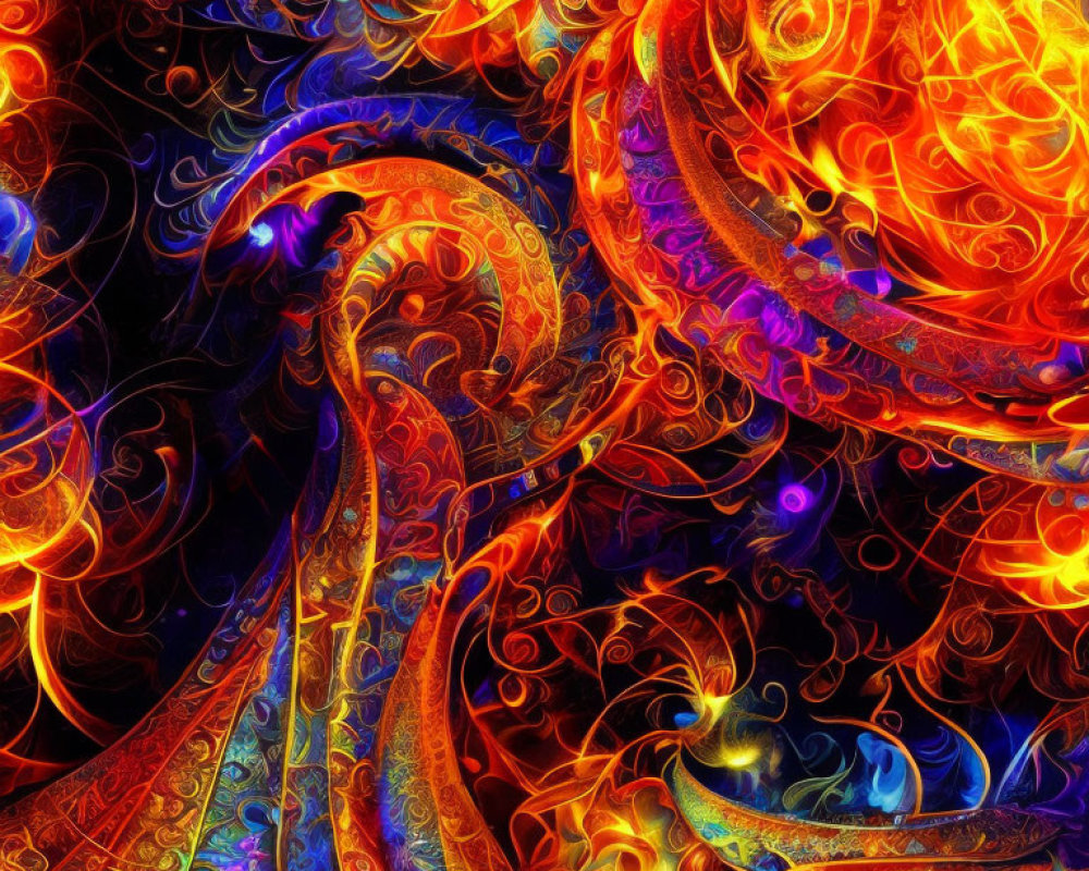 Colorful Fractal Image with Swirling Flame and Floral Patterns