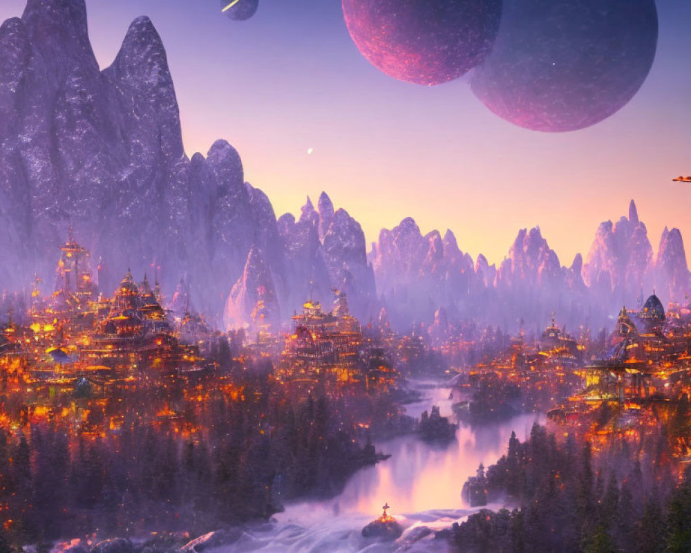 Vibrant towns, towering mountains, river, celestial bodies in twilight sky