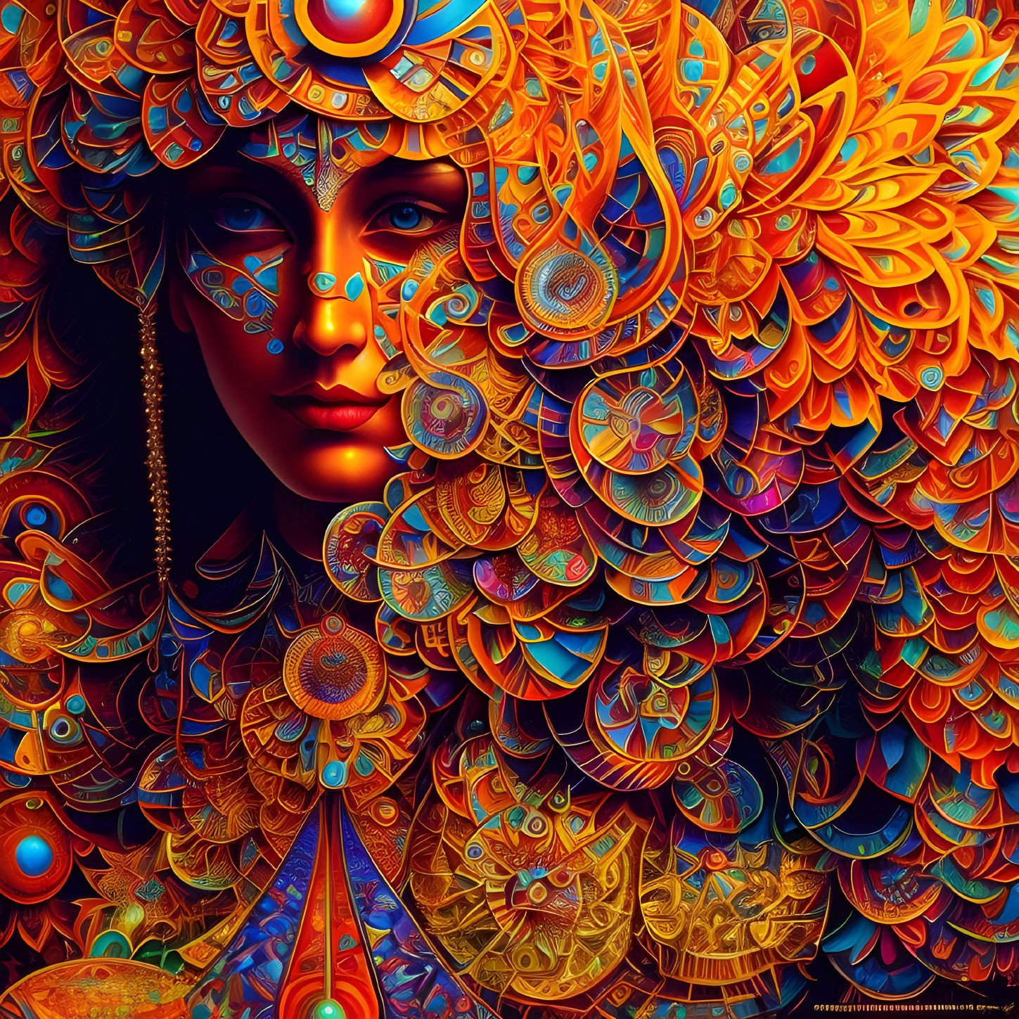 Colorful digital artwork of woman with intricate orange and blue headpiece and makeup, emitting mystical bohem