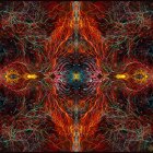 Abstract digital artwork with swirling patterns and glowing orbs in warm colors