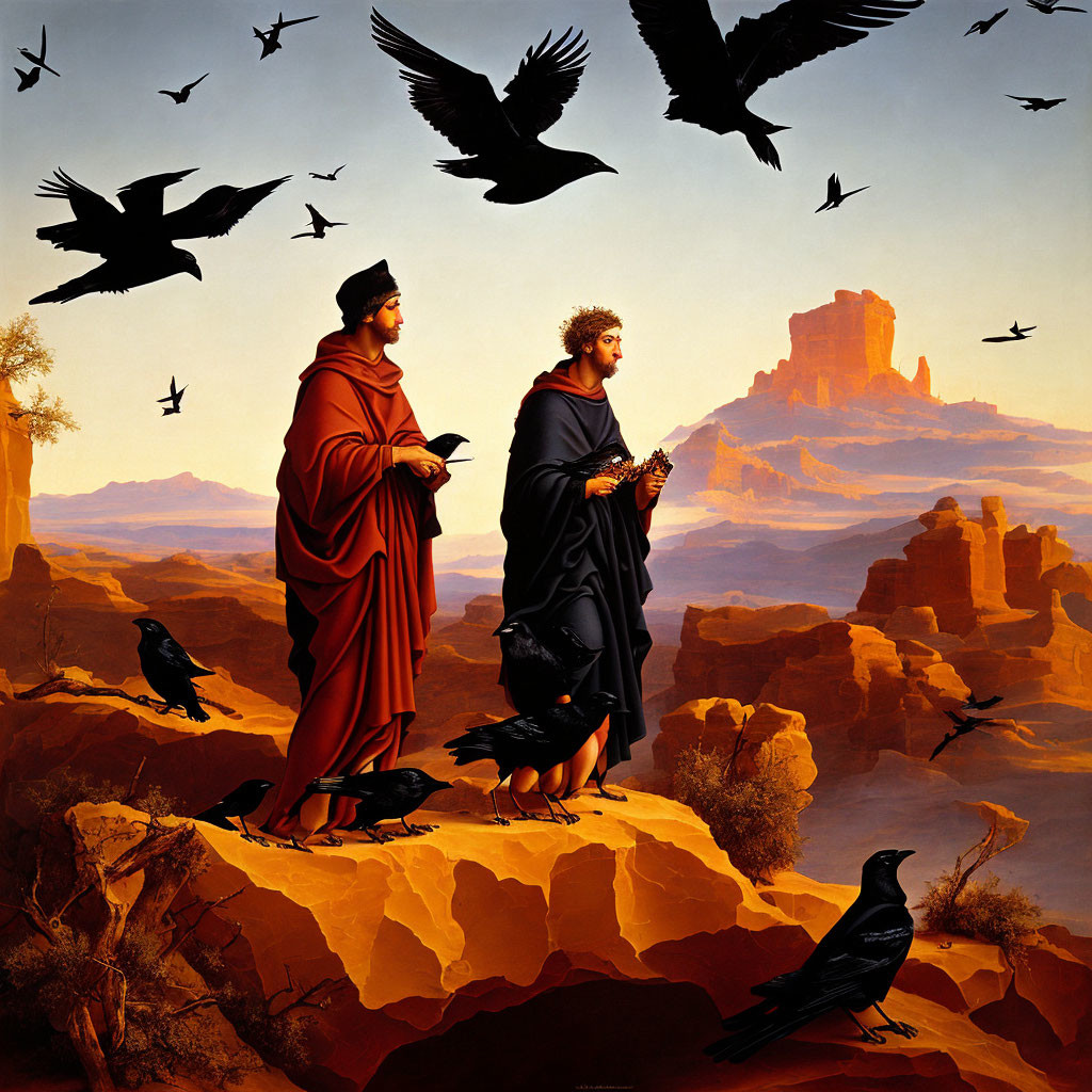 Monks watching birds in canyon at sunset