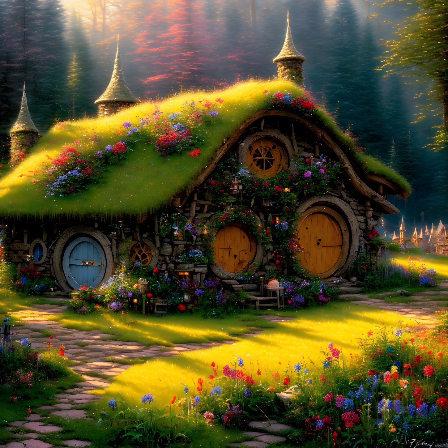 Charming cottage with mossy roof, vibrant flowers, round doors, lush garden