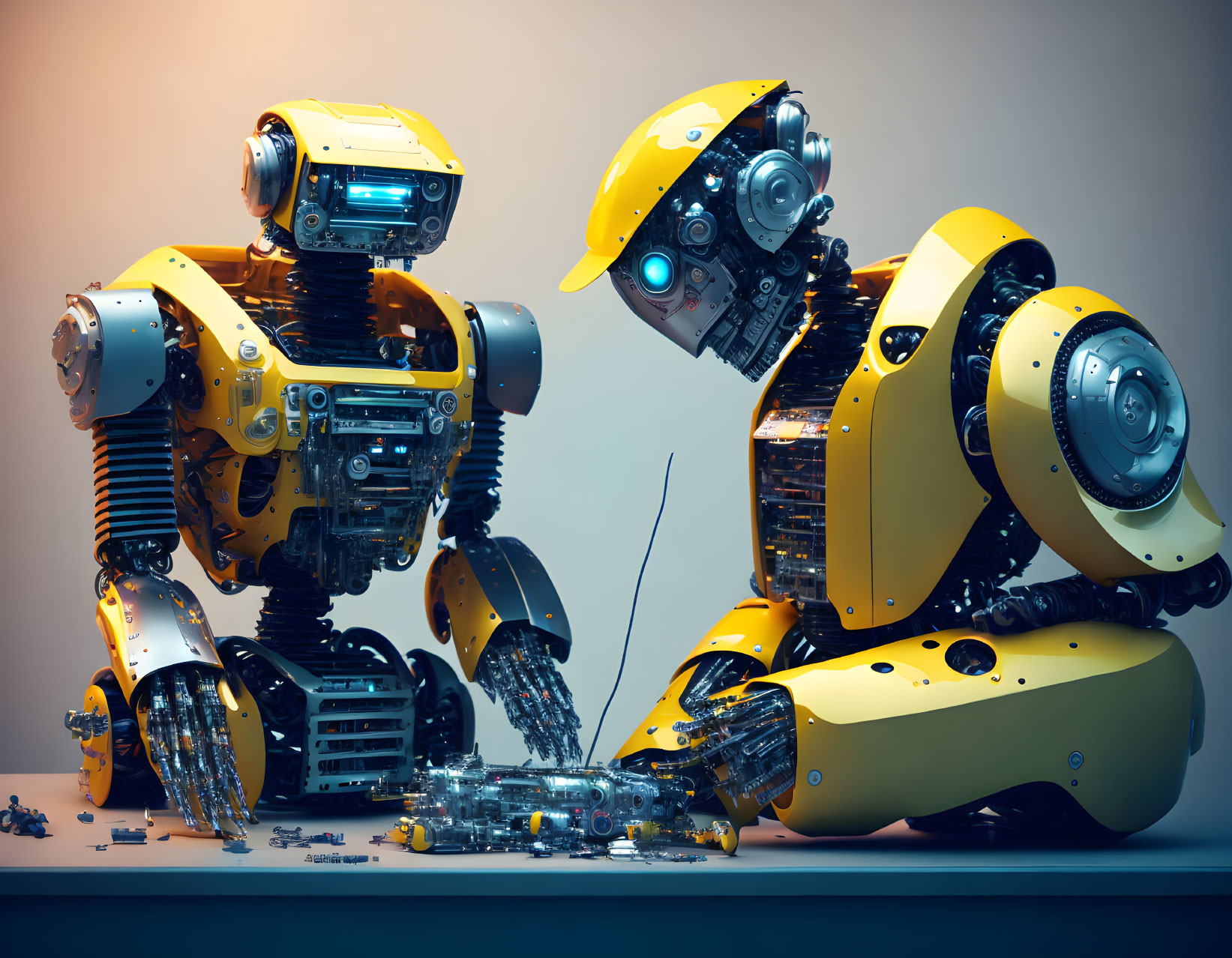 Yellow and Black Humanoid Robots Working on Mechanical Parts