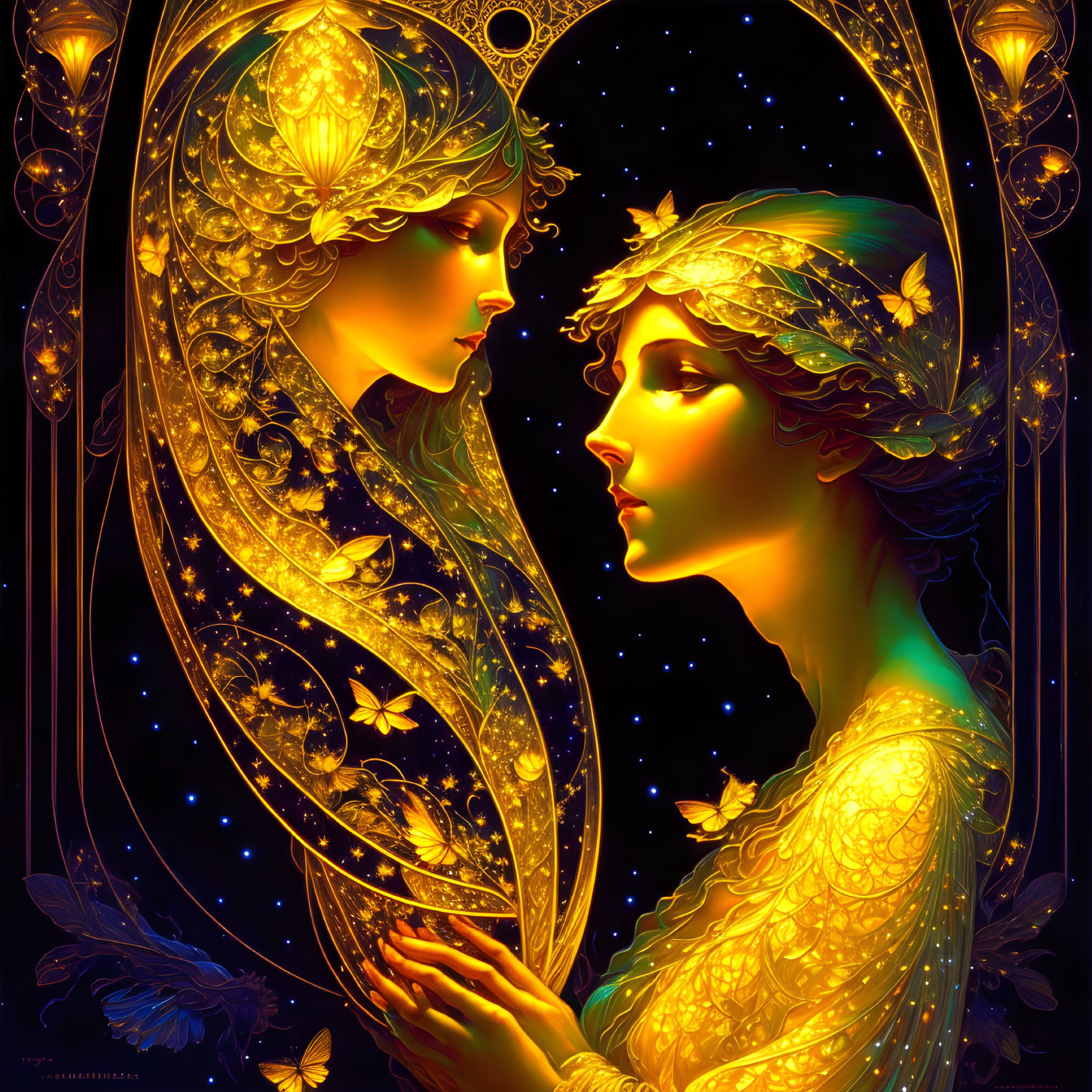 Ethereal figures with gold adornments in heart-shaped portal surrounded by stars