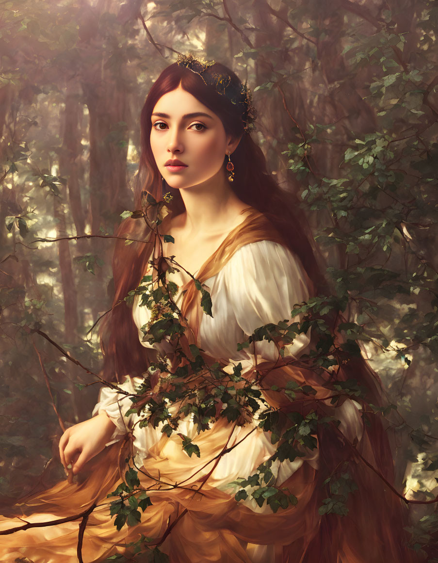 Woman in flowing gown with foliage, seated in forest setting, wearing intricate headwear