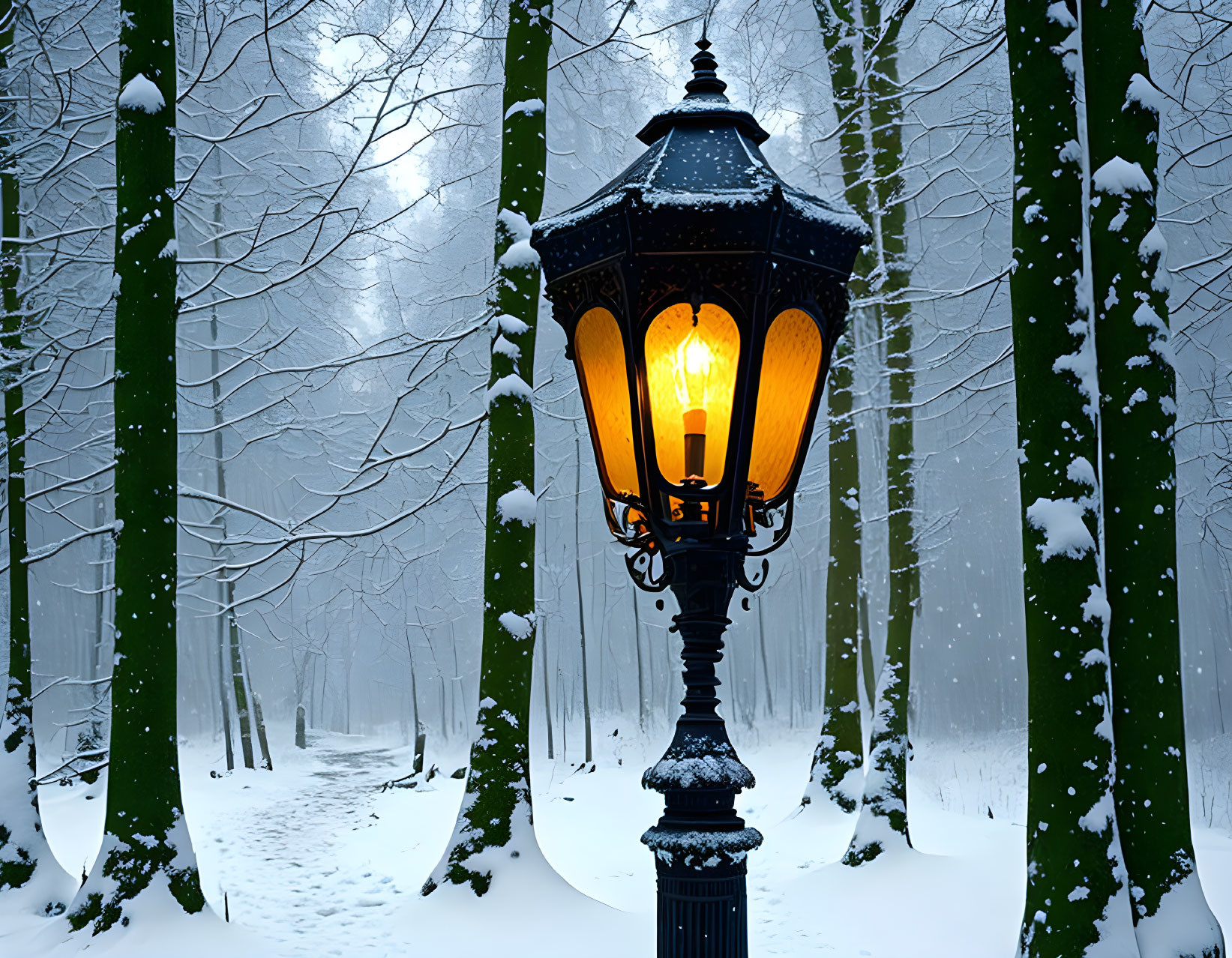 Snow-covered forest scene with illuminated street lamp