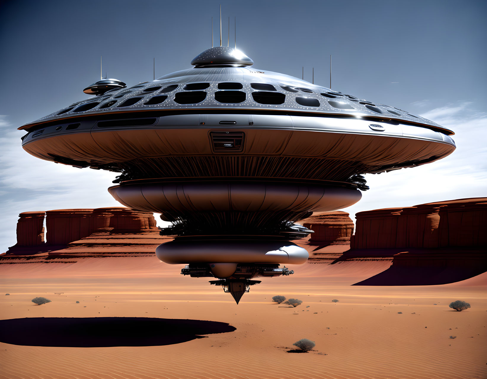 Futuristic UFO-style spaceship lands in rocky desert under clear blue sky