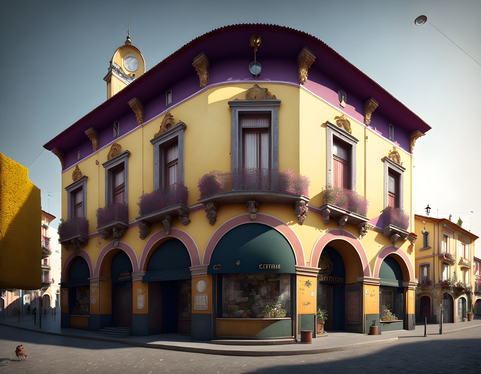 Charming two-story corner building with vibrant purple facade and clock tower