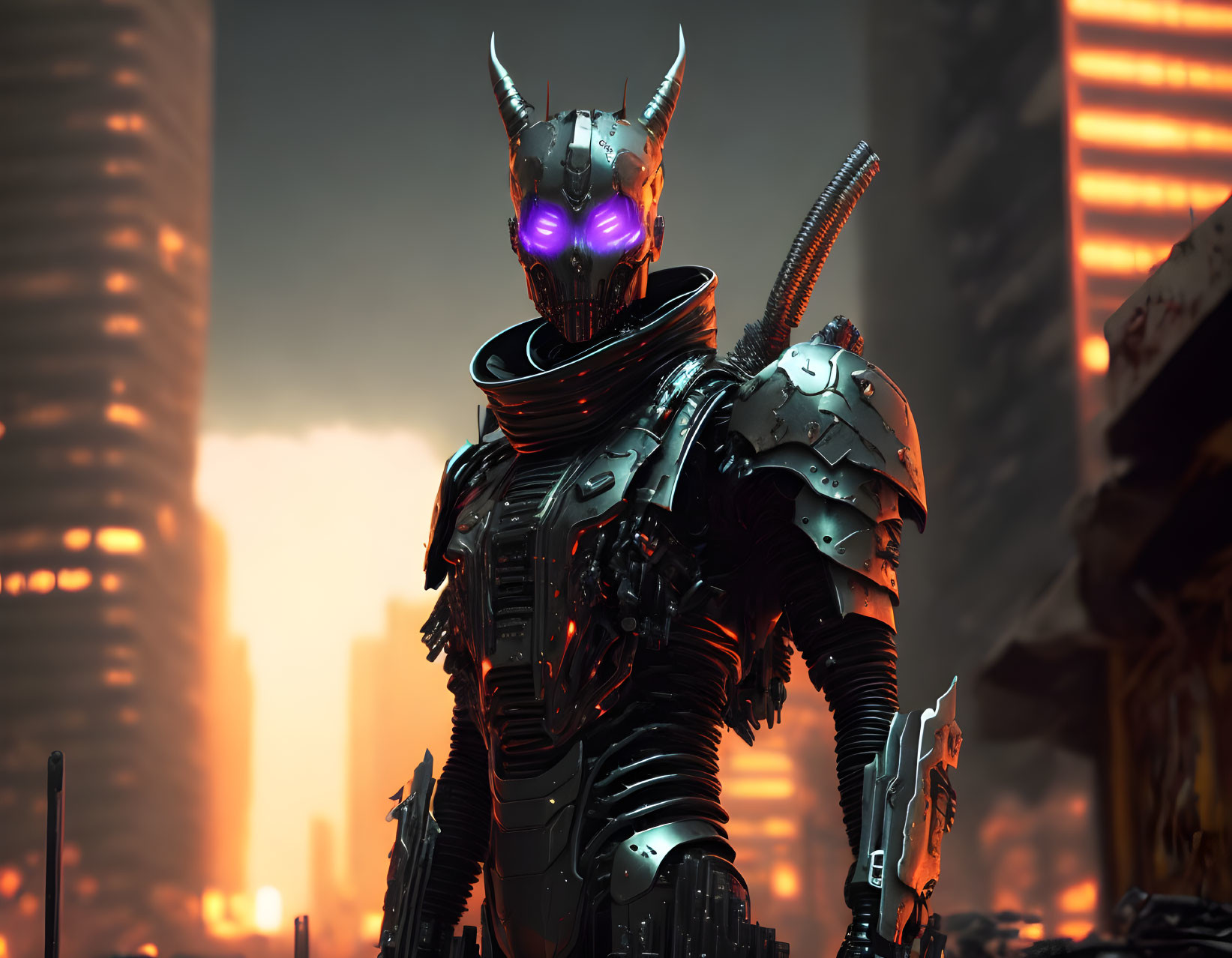 Armored robot with glowing purple eyes in futuristic cityscape