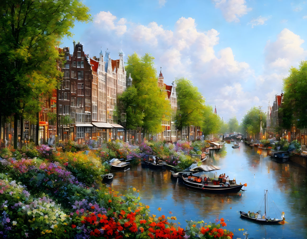 Scenic Amsterdam canal painting with flowers, boats, and Dutch architecture