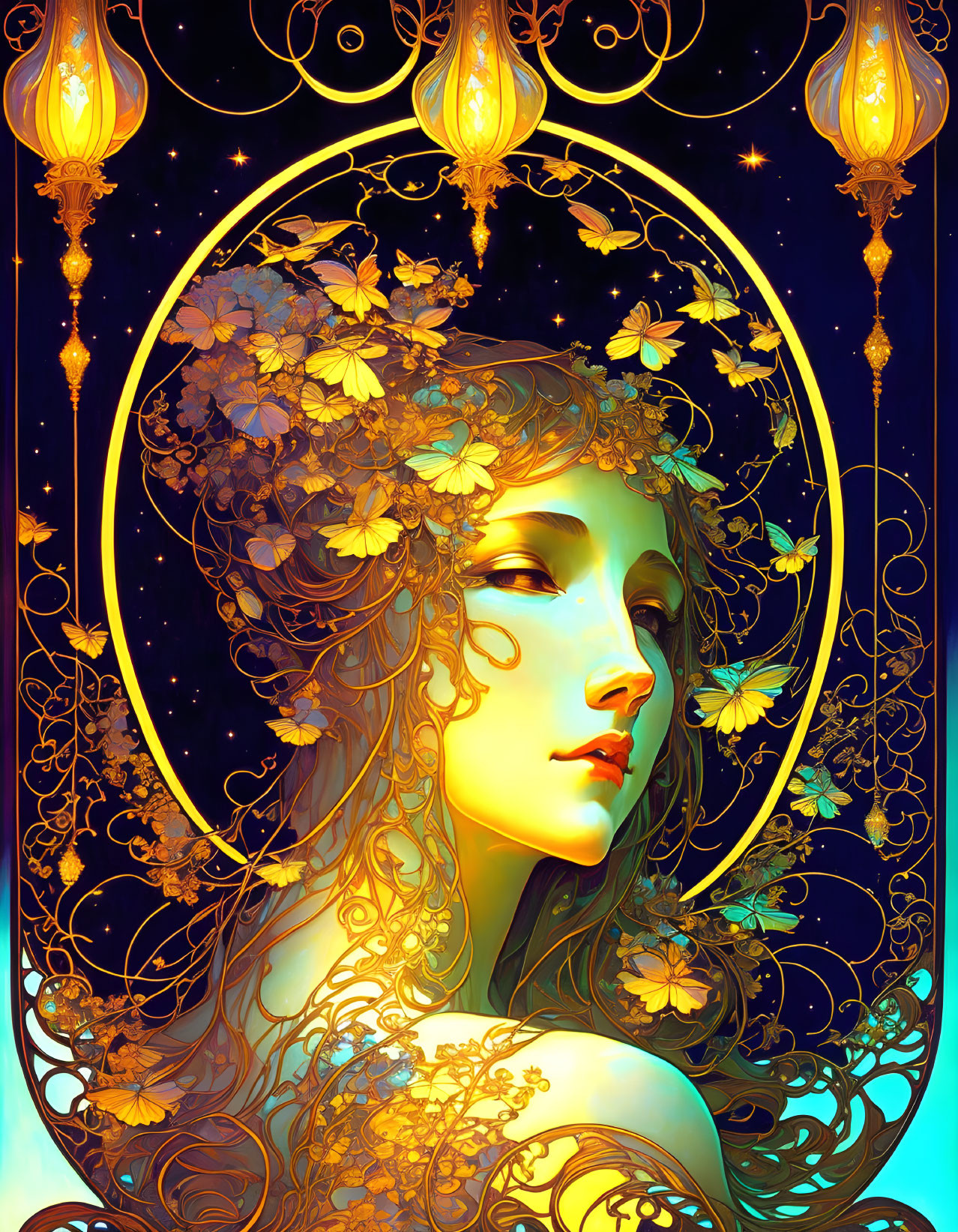 Illustration of woman with flowing hair and floral adornments in golden halo, set against starry background