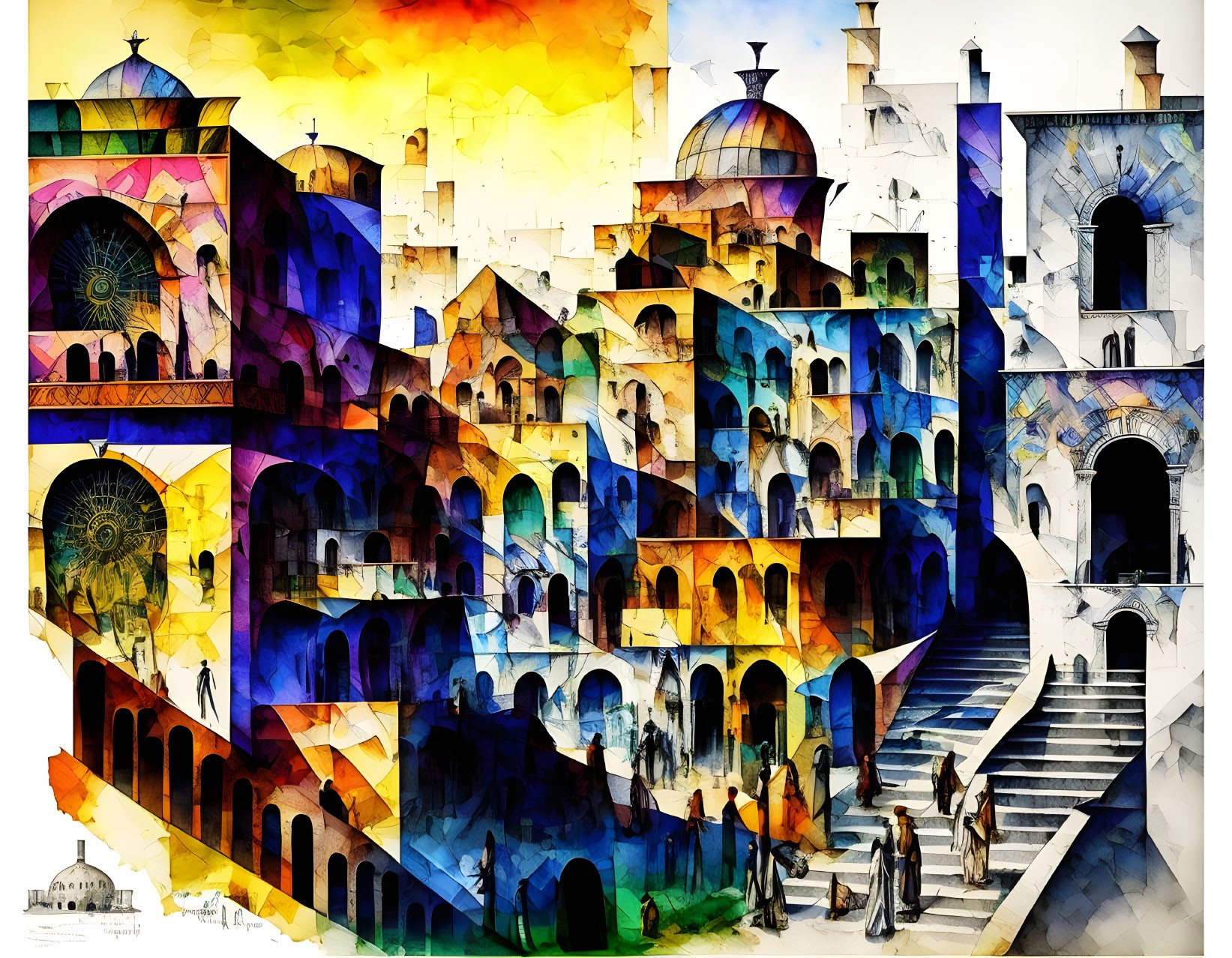 Colorful Abstract Watercolor Painting of Bustling Townscape