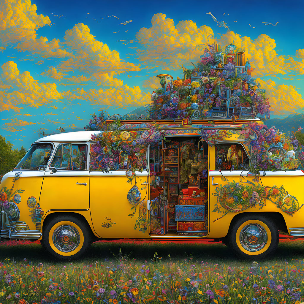 Colorful Vintage Van Overflowing with Flowers Under Blue Sky