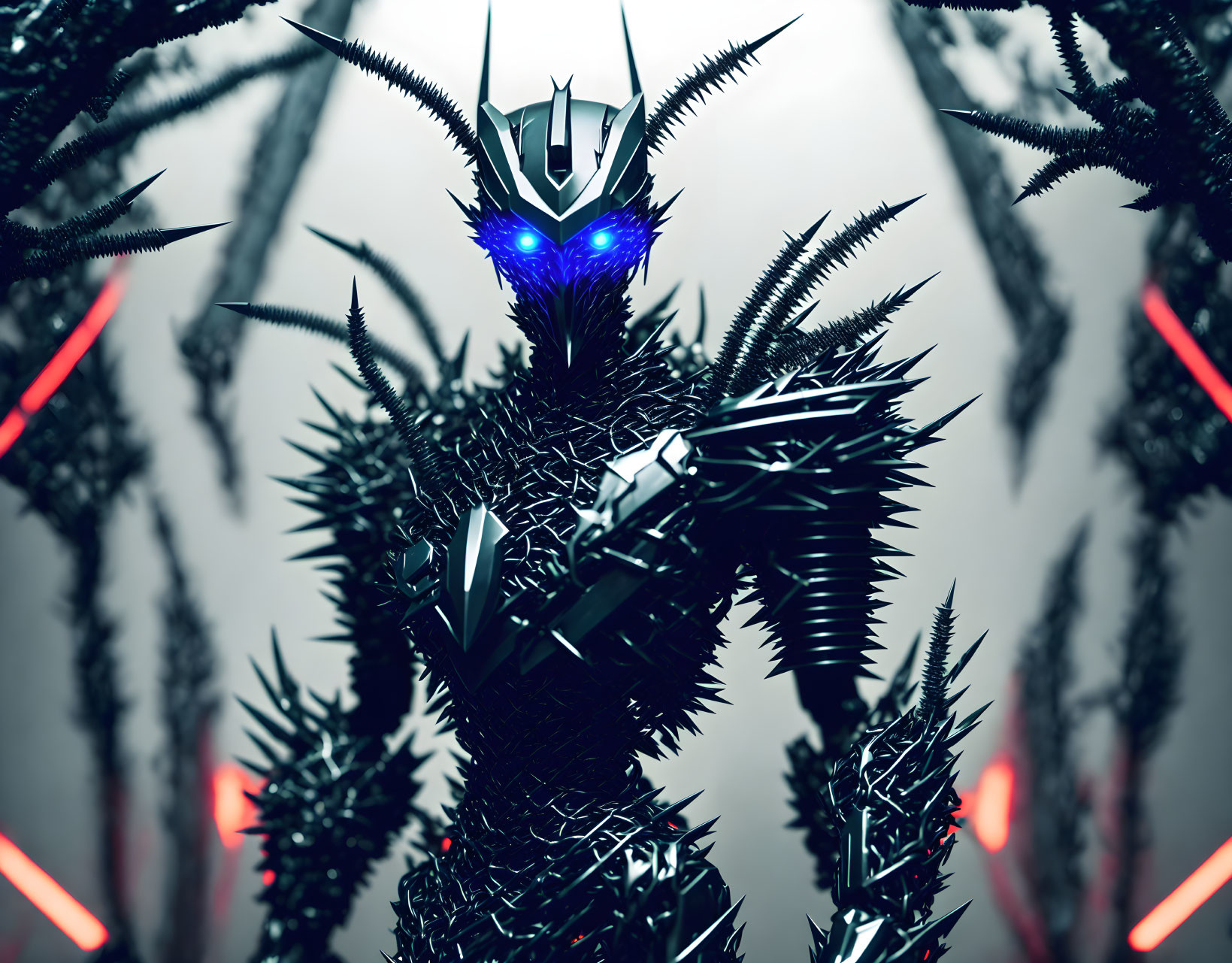 Menacing robotic figure with sharp armor and glowing eyes on blurred background