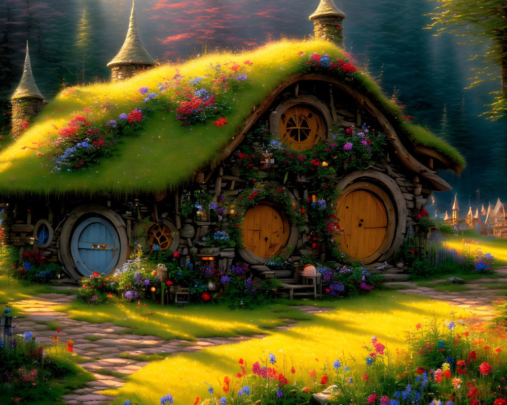 Charming cottage with mossy roof, vibrant flowers, round doors, lush garden