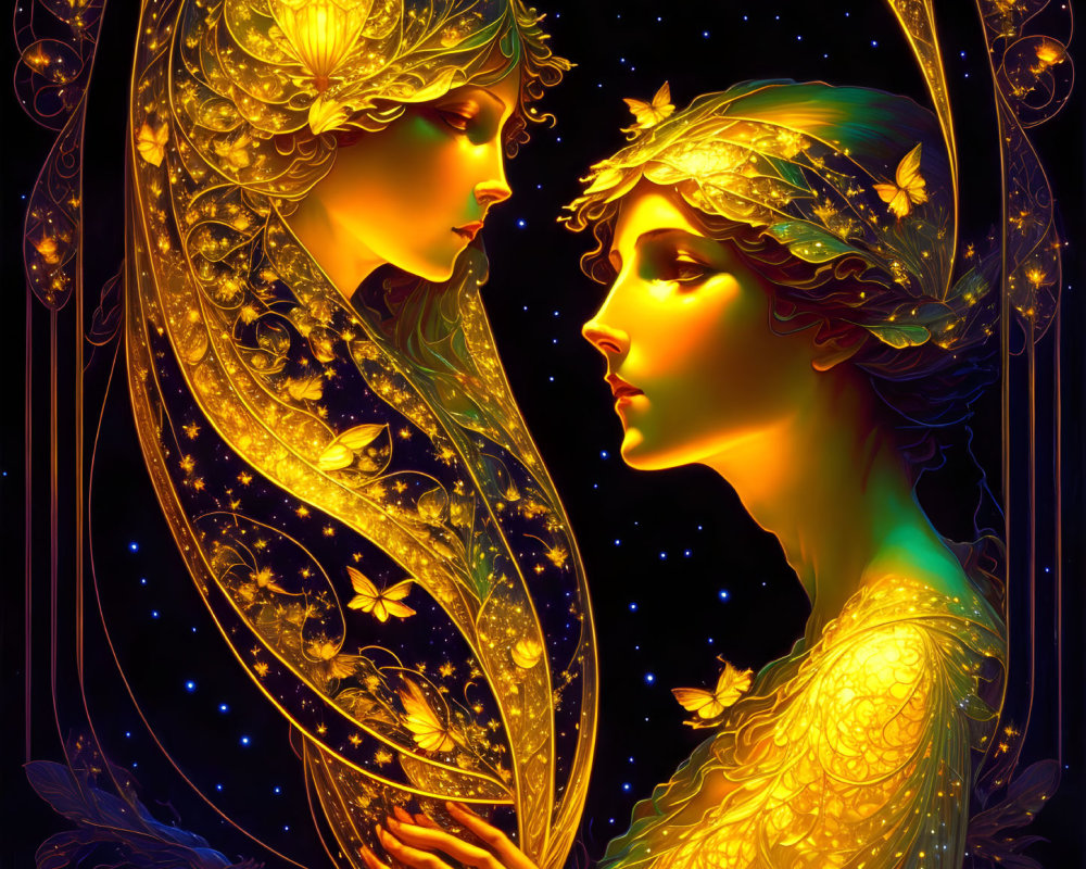 Ethereal figures with gold adornments in heart-shaped portal surrounded by stars