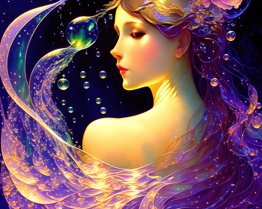 Fantastical portrait of woman with flowing hair, light, bubbles, and flower on cosmic background