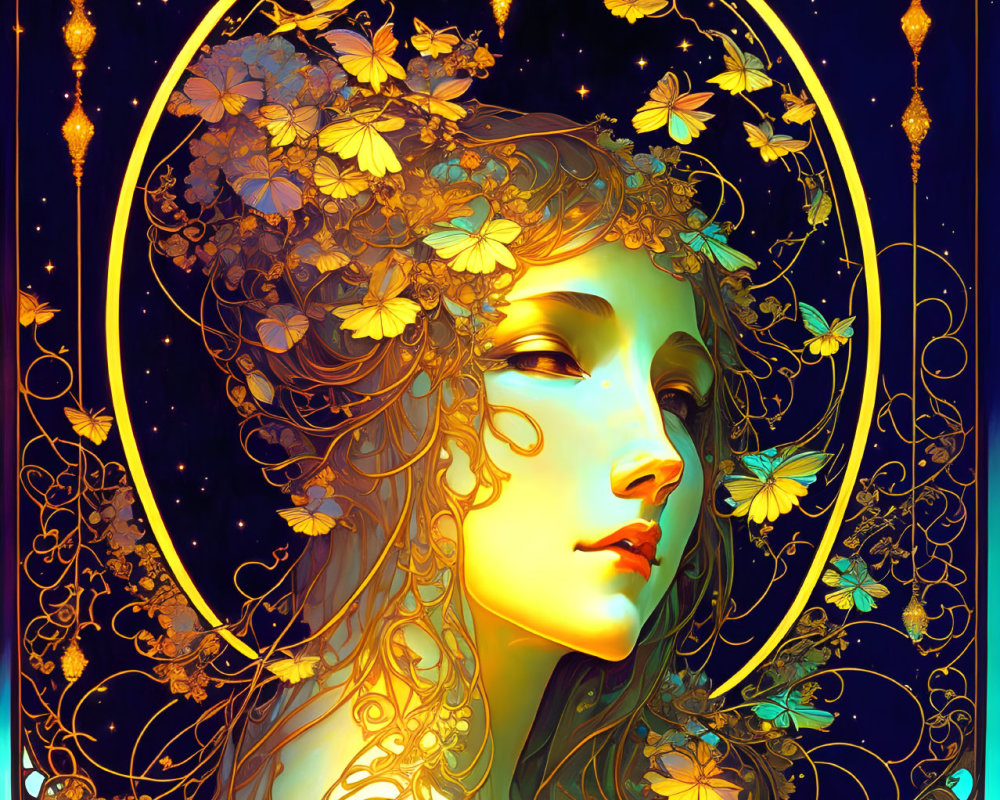 Illustration of woman with flowing hair and floral adornments in golden halo, set against starry background