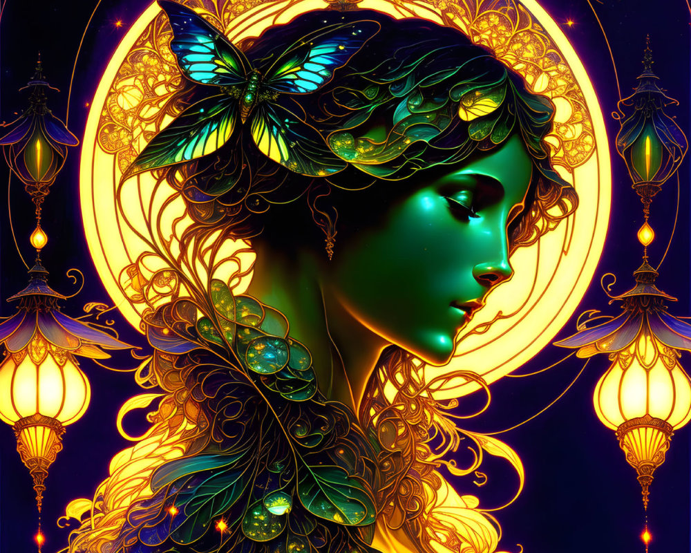 Illustration of Woman with Glowing Blue Skin and Golden Jewelry