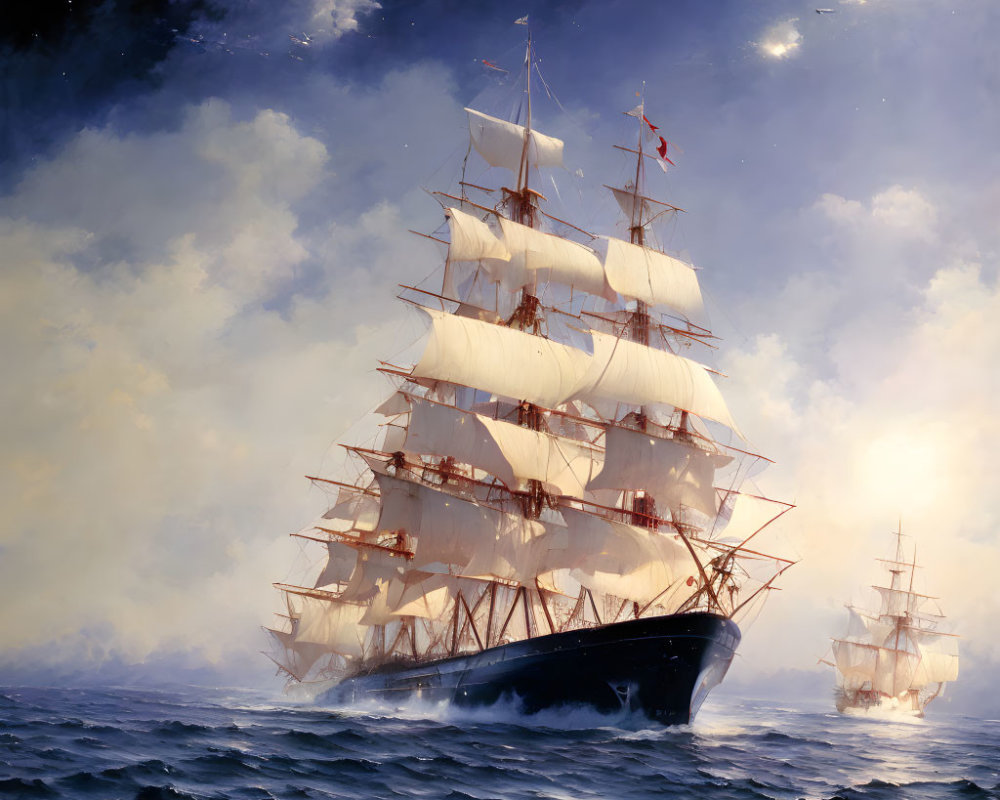 Tall ship with white sails on high seas with smaller ship, dynamic sky