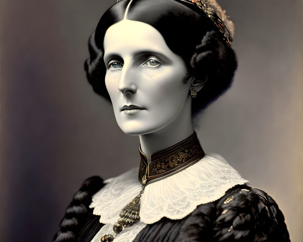 Colorized Portrait of Woman in Black Dress with Lace Collar & Pearl Necklace