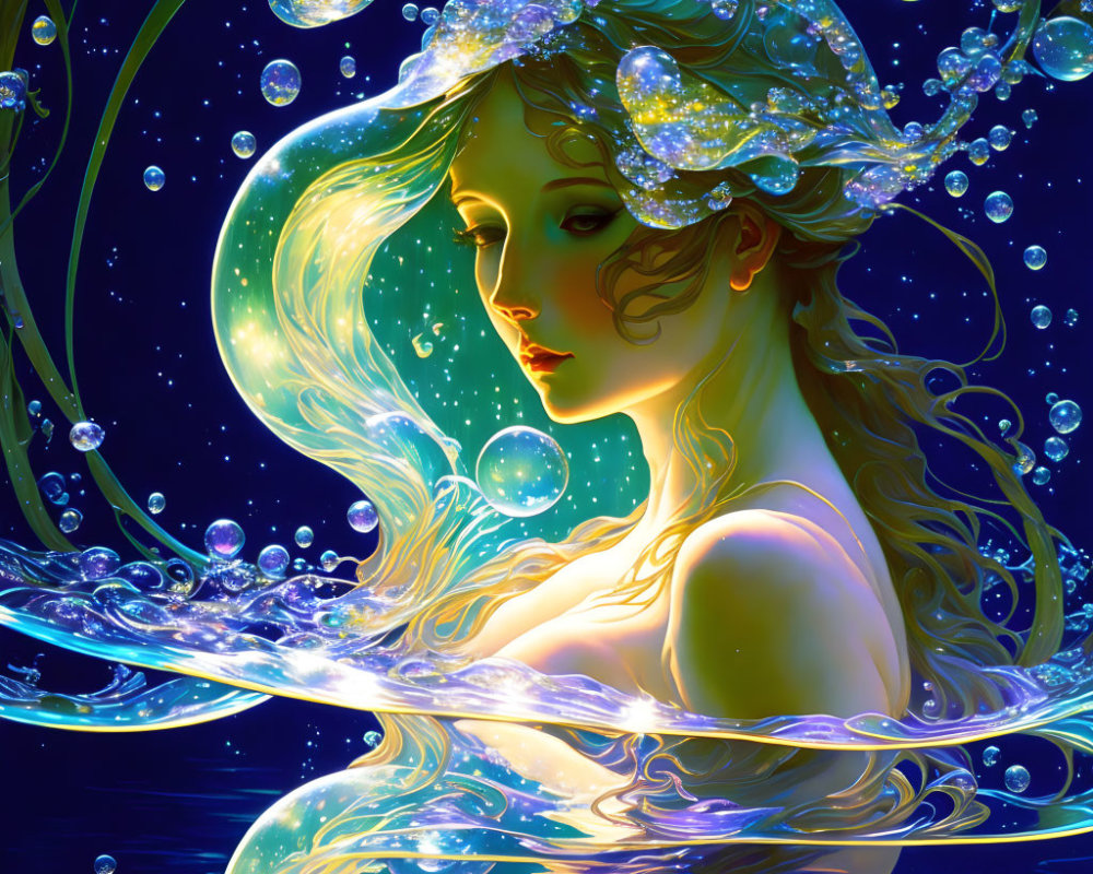 Ethereal female figure with flowing hair in mystical underwater scene