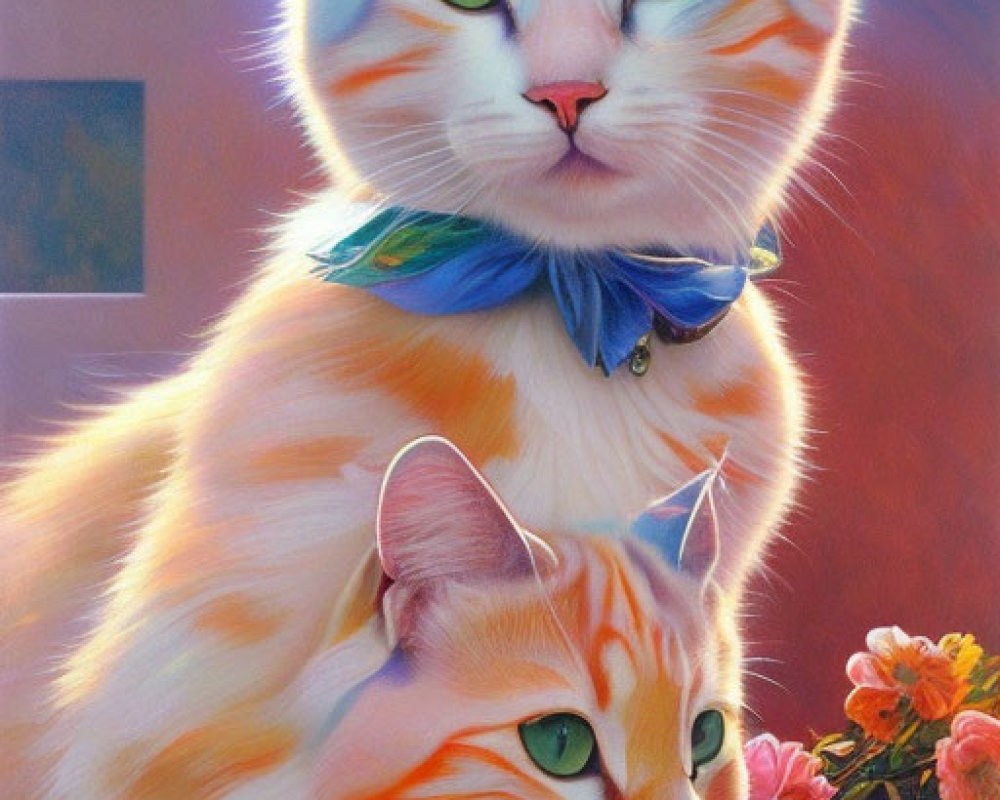 Vibrant colorful cats with green and yellow eyes in sunny room with flowers