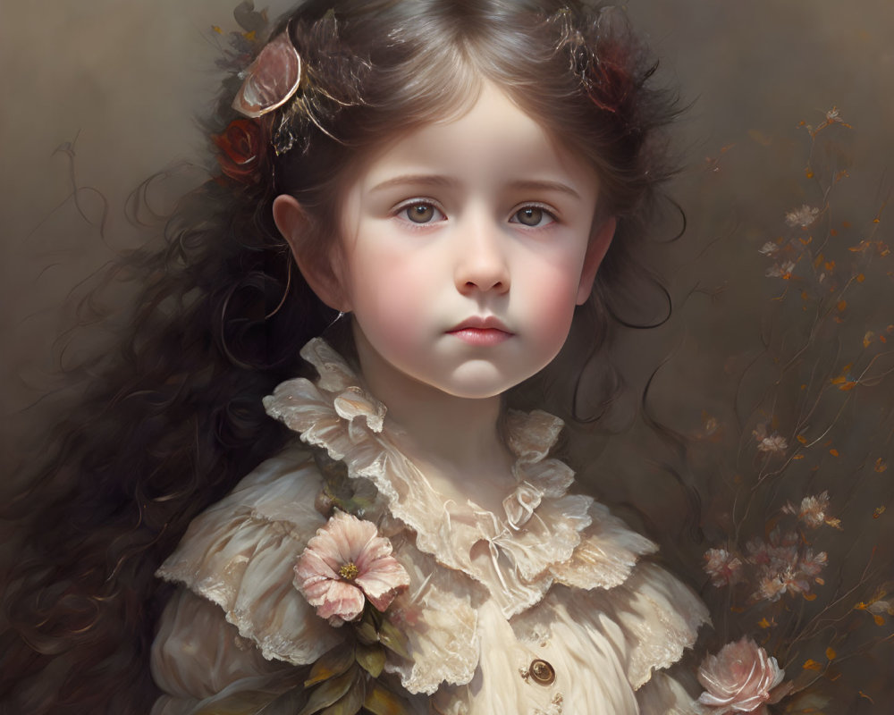 Young girl with dark wavy hair and flowers in serene portrait.