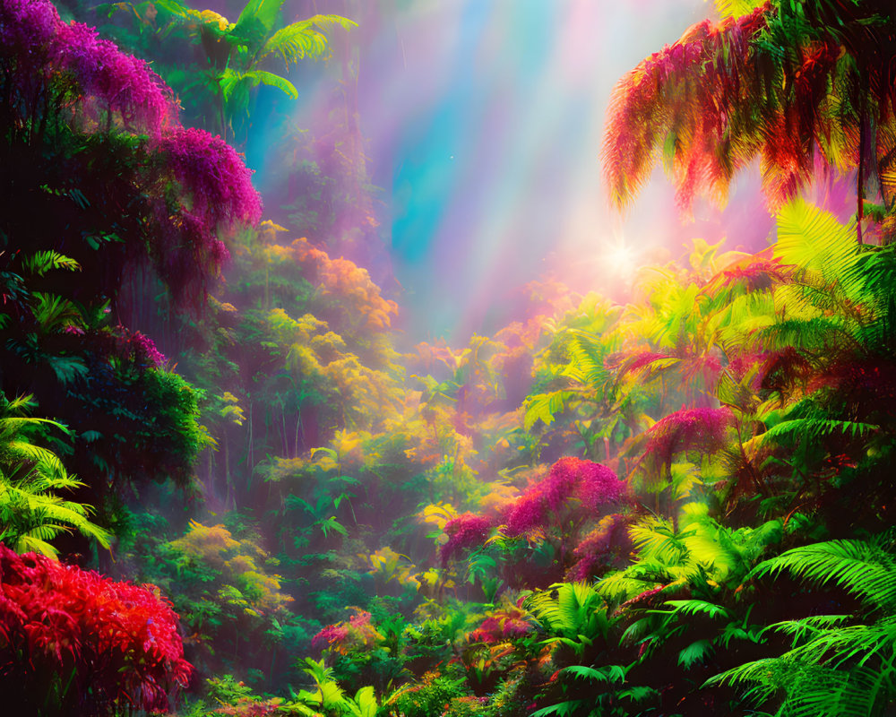 Lush Rainforest with Colorful Foliage and Sun Rays