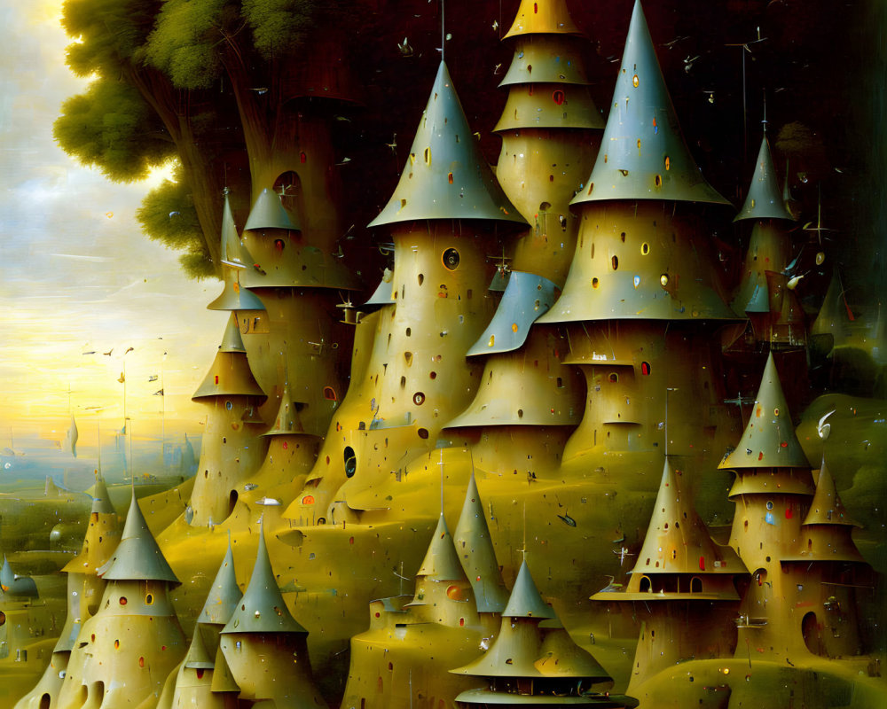 Whimsical cheese towers in surreal landscape at twilight