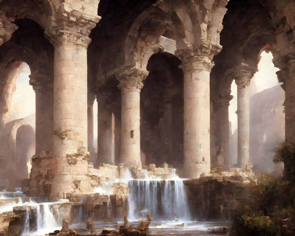 Ancient stone structure with arches in soft light, waterfalls into serene pool