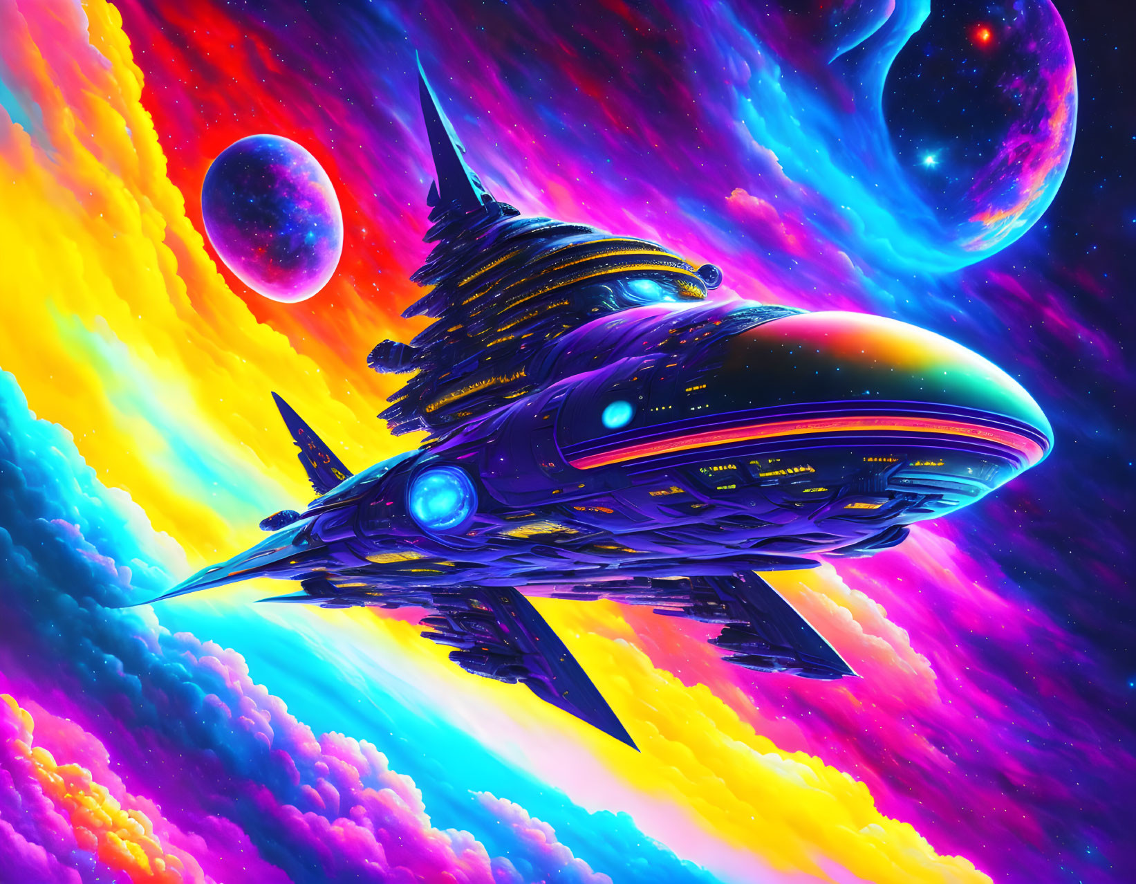 Colorful Illustration: Futuristic Spaceship in Psychedelic Space