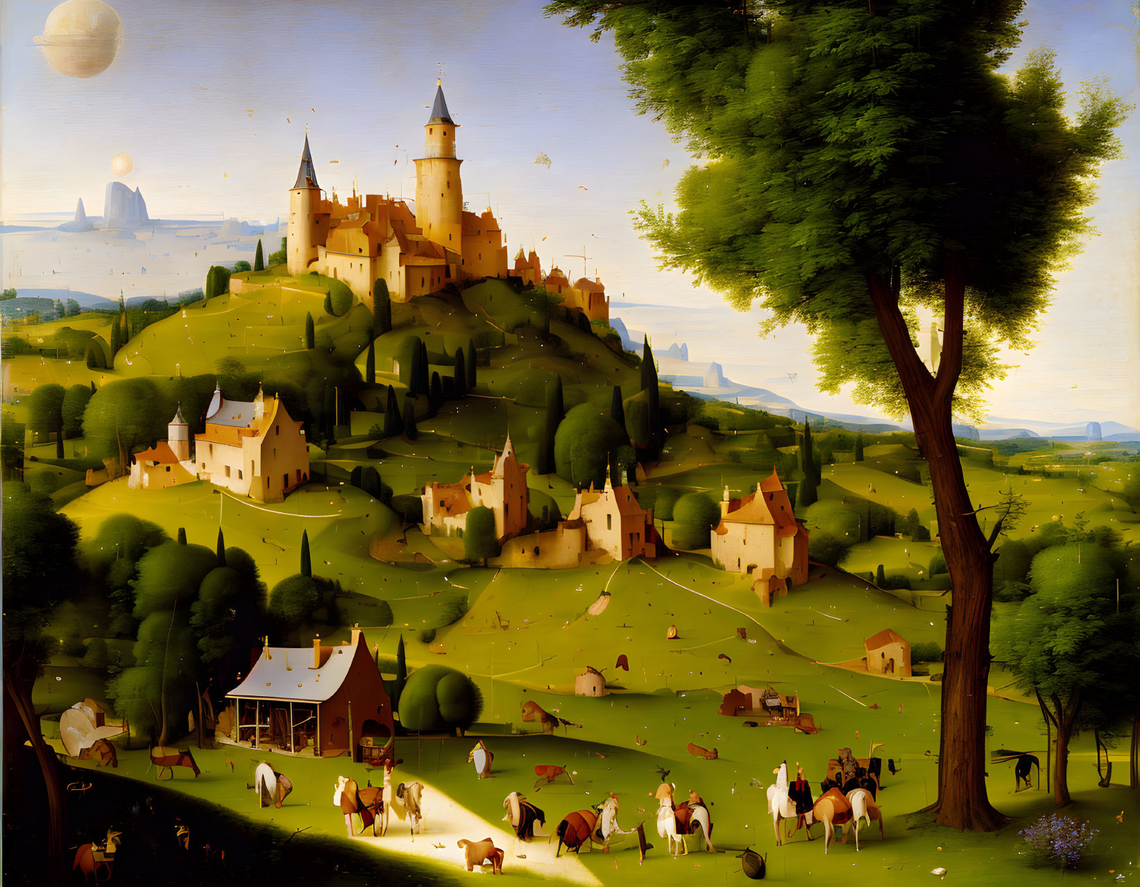 Medieval castle on hill with green landscape and blue sky