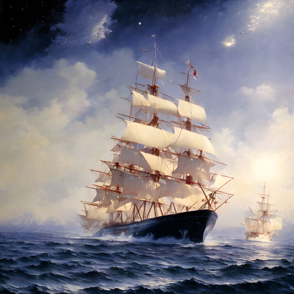 Tall ship with white sails on high seas with smaller ship, dynamic sky