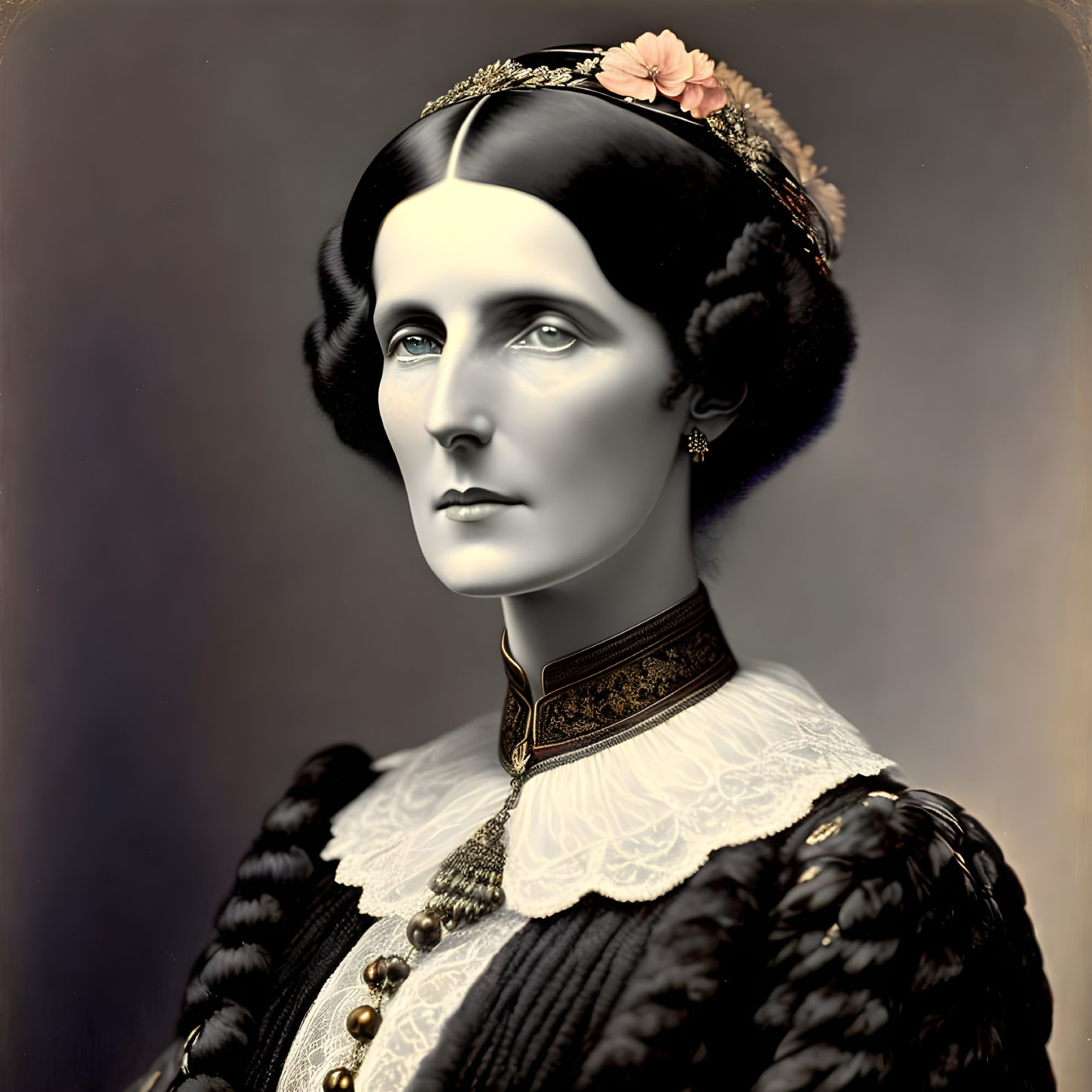 Colorized Portrait of Woman in Black Dress with Lace Collar & Pearl Necklace