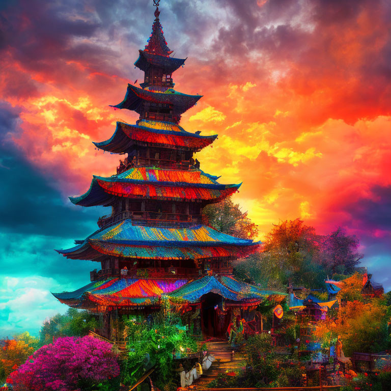 Traditional multi-tiered pagoda under fiery sunset sky with lush foliage