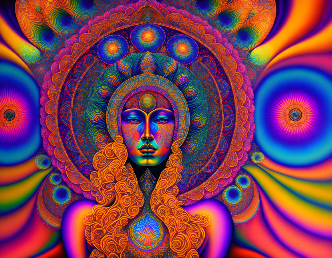 Colorful psychedelic illustration with serene female face and intricate mandala patterns