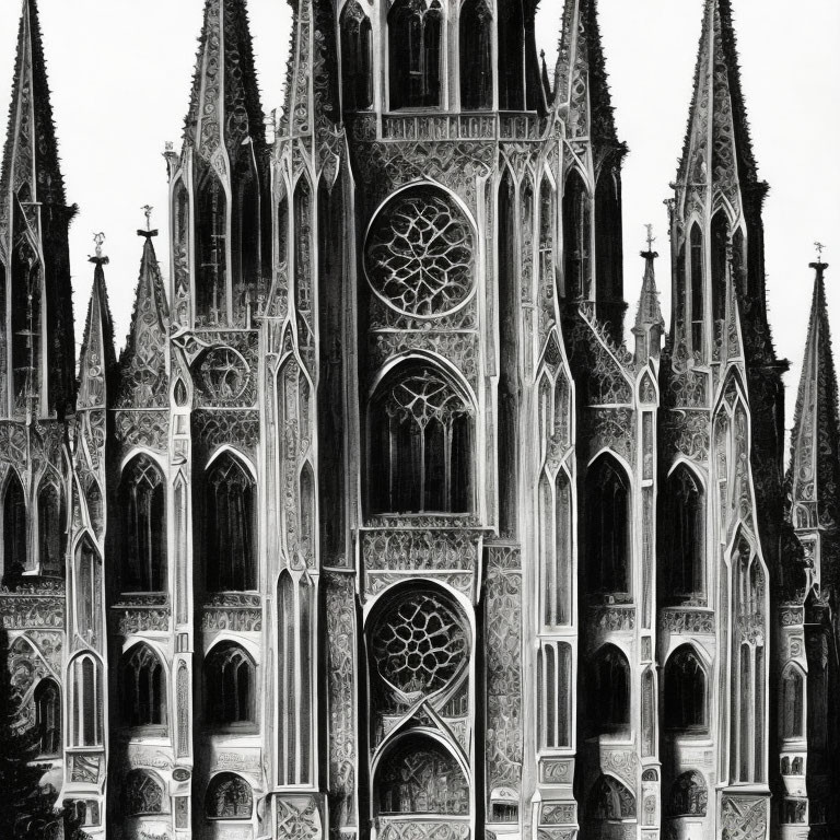 Monochrome illustration of Gothic architecture with pointed arches and spires