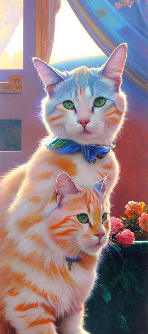 Vibrant colorful cats with green and yellow eyes in sunny room with flowers