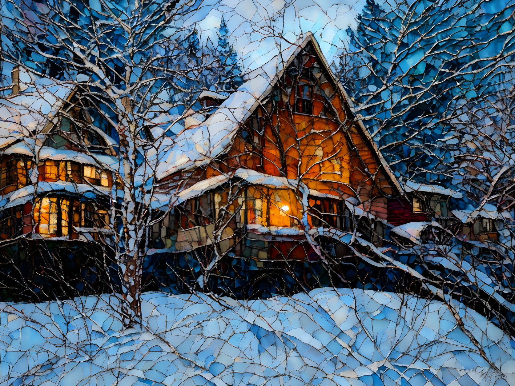 Snow-covered trees surround cozy wooden chalet at twilight