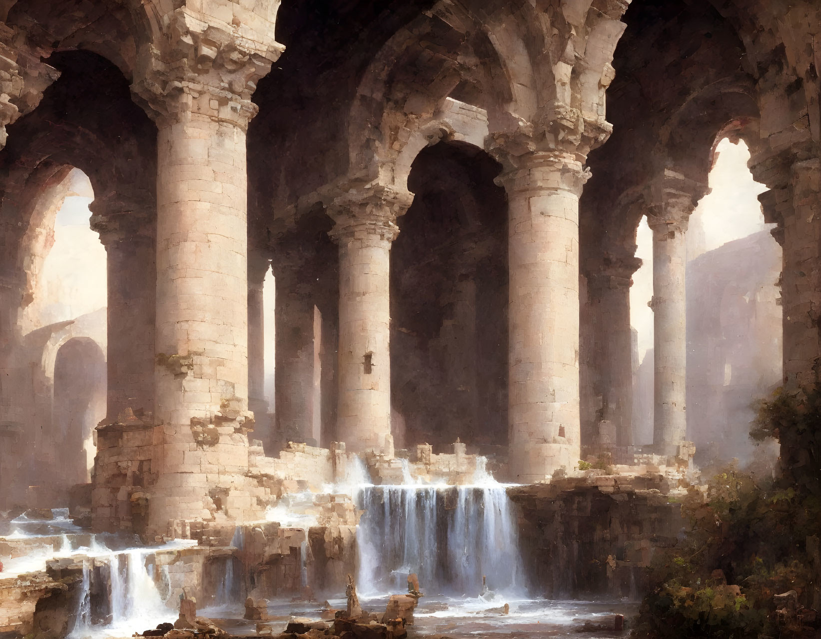 Ancient stone structure with arches in soft light, waterfalls into serene pool