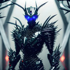 Menacing robotic figure with sharp armor and glowing eyes on blurred background