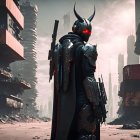 Futuristic warrior in black armor in dystopian cityscape