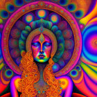 Colorful psychedelic illustration with serene female face and intricate mandala patterns