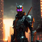 Armored robot with glowing purple eyes in futuristic cityscape