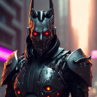 Armored figure with glowing red eyes in futuristic cityscape