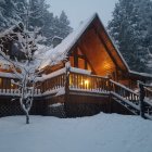 Snow-covered trees surround cozy wooden chalet at twilight