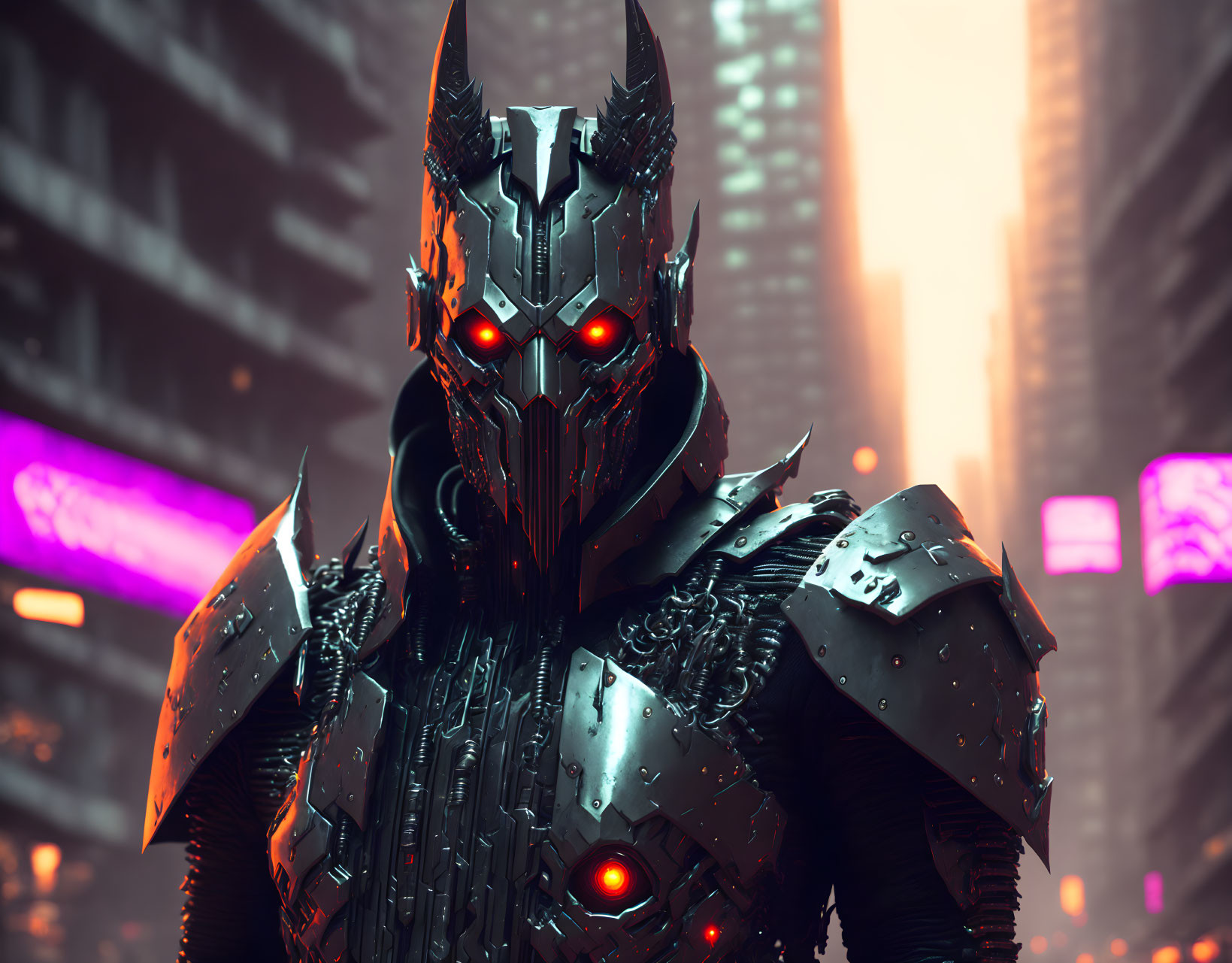 Armored figure with glowing red eyes in futuristic cityscape