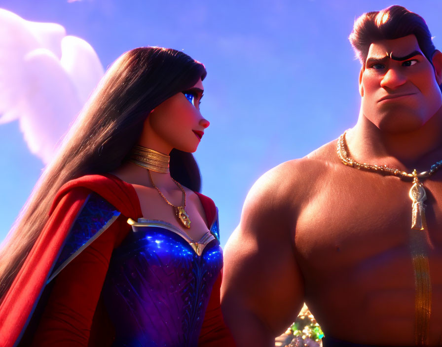 Muscular man and dark-haired woman standing together under bright sky